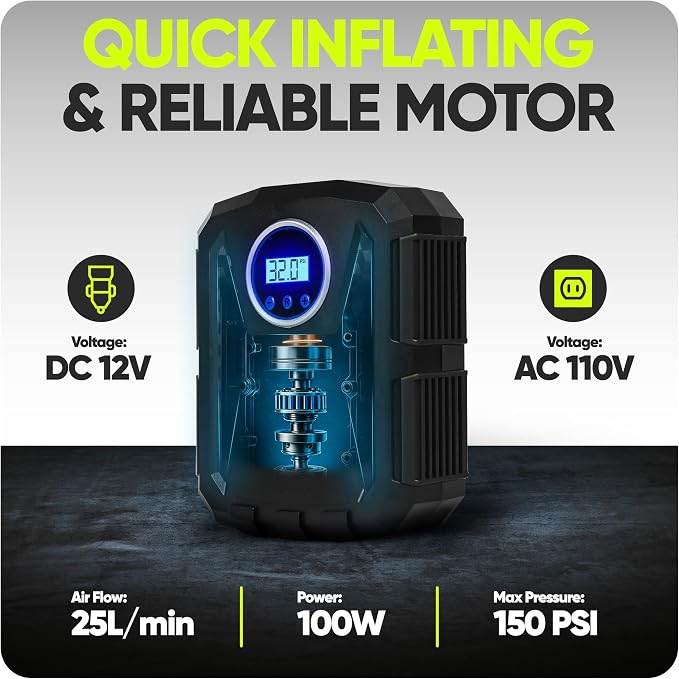 FORTEM Tire Inflator Portable Air Compressor, Air Pump for Car Tires and Bikes, Car Tire Pump w/Auto Shut Off, 150 PSI, 110V AC 12V DC, LED Light, Carrying Case, Perfect For Men, Women