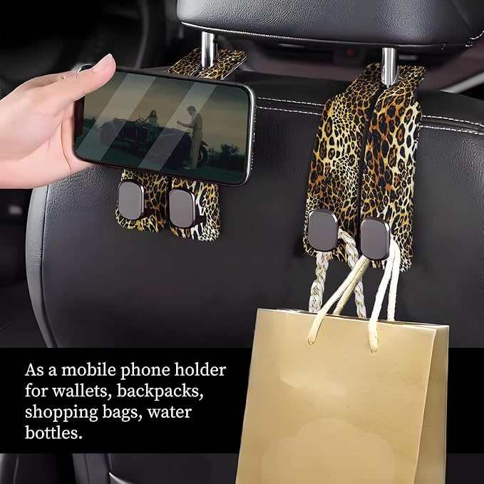 Car Seat Headrest Hook, Universal Leather Cute Hanger Holder Hook, Storage Organizer Interior Accessories for Purse Bags Handbag Luxury Leopard