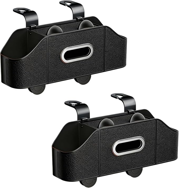 2 Pack 4-in-1 Car Backseat Organizer, PU Leather Headrest Storage Box with Tissue Holder, Dual Cup Holders, Phone Stand & Hooks, Universal Fit for Most Cars, Road Trip Essentials (Black)