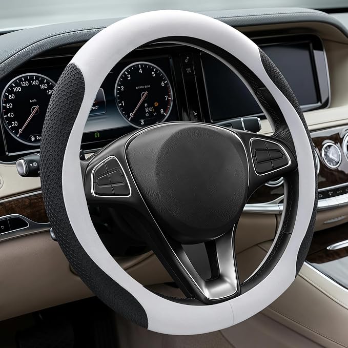 Premium Nappa Leather Steering Wheel Cover, Universal, Comfort Grip, Anti-Slip Breathable, Compatible with 14.5-15 in Steering Wheel Protector, White
