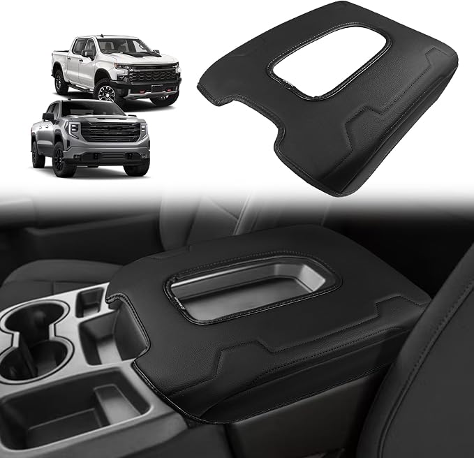 Muslogy Center Console Armrest Cover Fit for Chevy Silverado & GMC Sierra 2019-2026 Accessories, Comfort Armrest Pad Console Lid Cushion Vegan Leather Regular Thick(Split Bench Seat Console ONLY)