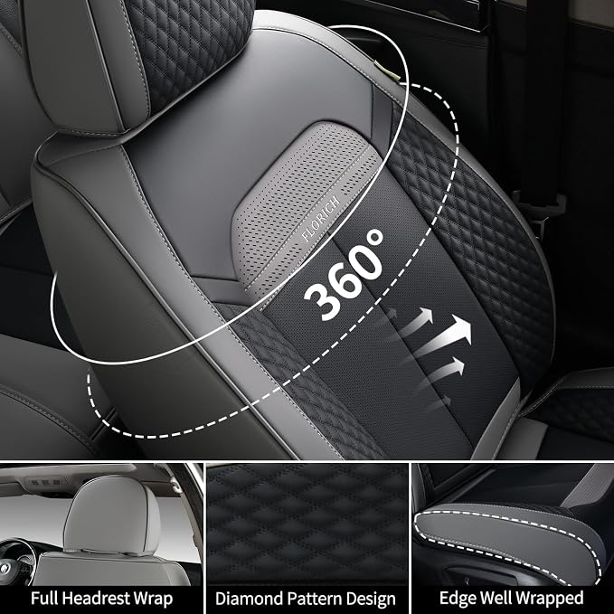 FLORICH Full Set Car Seat Covers 5pcs, Breathable Waterproof Nappa Leather Seat Covers, Gary Seat Covers, Automotive Interior Cover Universal for Cars SUV Truck Sedan - Gary&Black