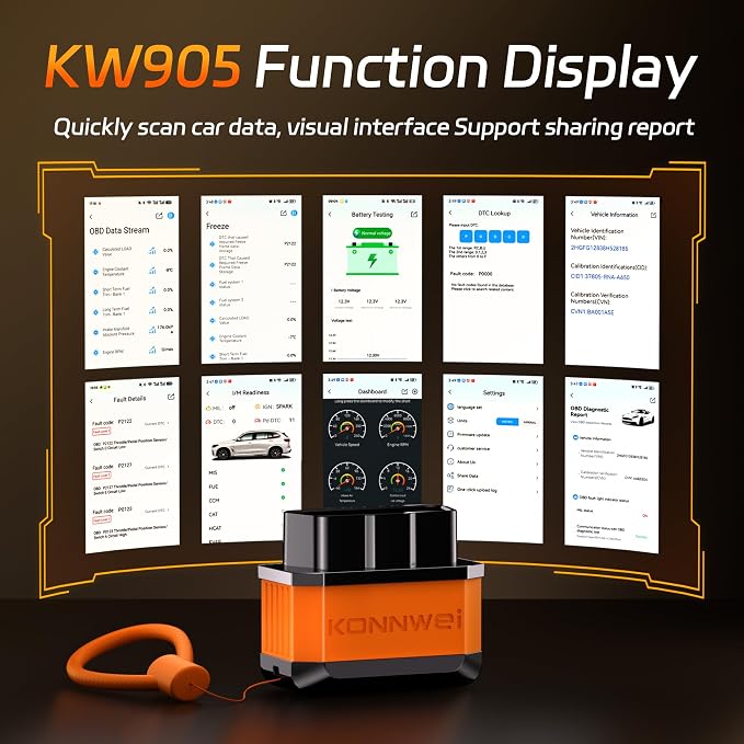 KONNWEI OBD2 Bluetooth Scanner Engine Code Reader w/Power ON/Off Button | Wireless Car Scanner w/Battery voltage Test Live Data Stream Freeze Frame I/M Readiness for iOS & Android
