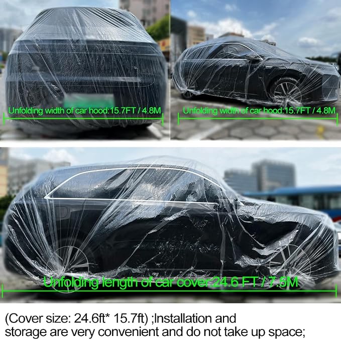 4 Packs Disposable Car Cover Clear Plastic Car Cover Universal Rain Dust Garage Cover with Elastic Band Large (15.7FT x 24.6FT)
