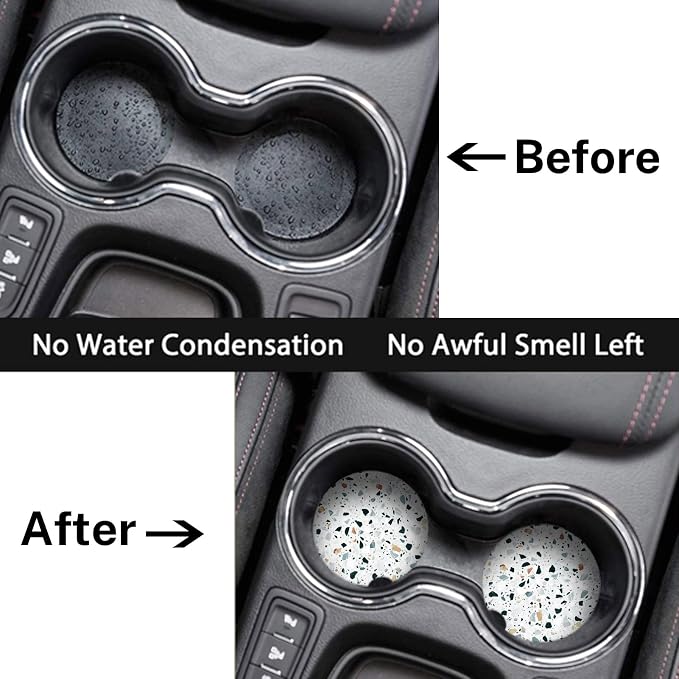 Britimes Car Coasters for Drinks Absorbent, 2 Pack Cup Holders, 2.56" Ceramic Stone & Non-Scratch Cork Base Coasters Cupholder, Auto Accessories for Women & Men, Classic Italian Floor Venetian Natural