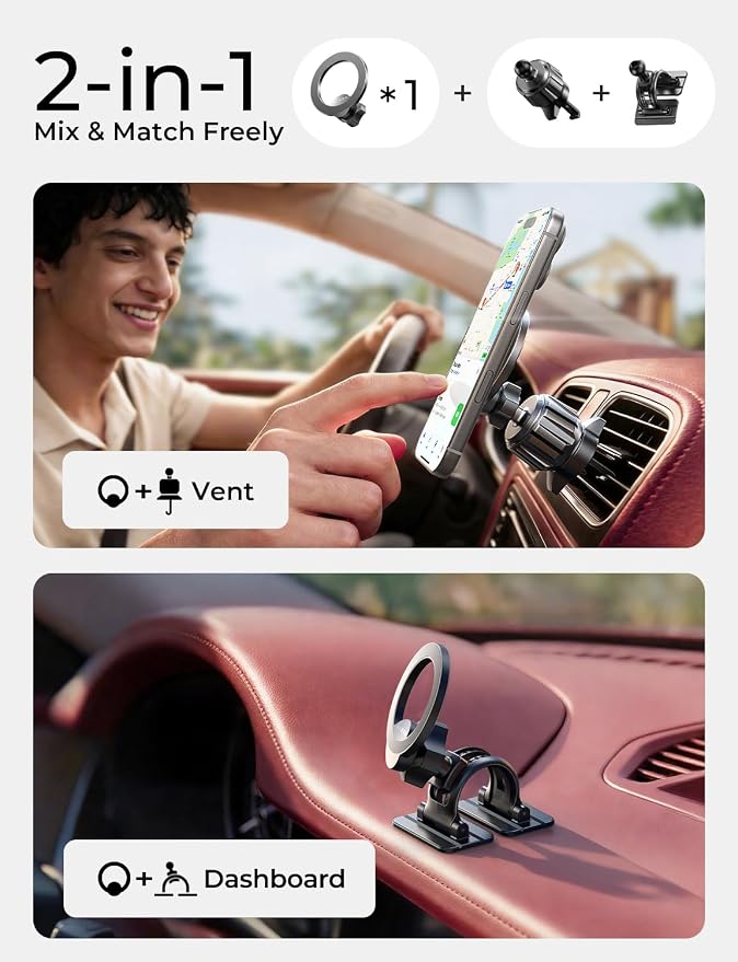 LISEN for MagSafe Car Phone Mount -Strong Magnets Magnetic Phone Holders for Your Car 2-in-1 Vent Dashboard Magnet Cell Phones Holder Mounts Car Accessories Gitfs for Men Women fit iPhone, CarbonFiber
