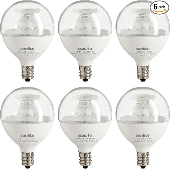 Sunlite G16.5 Light Bulb LED, 7 Watts (60W Equiv.), 500 Lumens, Dimmable, Type G Globe Shape E12 Candelabra Base, Short Bulbs, Vanity Mirror Bulbs, 4000K Cool White, Clear, 6 Count