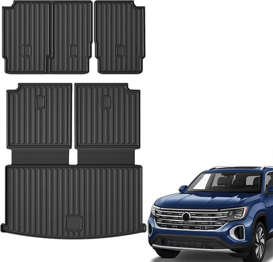 AOMSAZTO Cargo Liner & Seat Back Mats Fit for Volkswagen Atlas 2018-2026 | (NOT for Cross Sport) All Weather Protection Trunk Floor Liner for VW Atlas (2nd & 3rd Row Backrest +Cargo Mat)