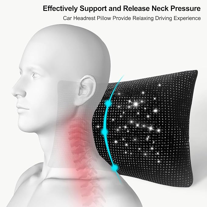 surpassme 2PCS Rhinestone Car Headrest Neck Pillow for Driving with Bling Bling Crystal Bow Pillow Car Accessories for Women (Black)