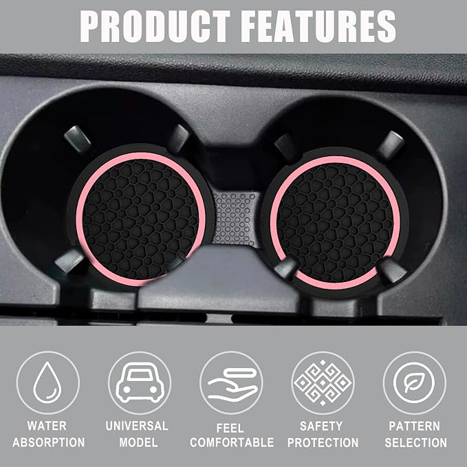 Car Cup Holder Coasters, Dustproof Automotive Interior Accessories Mat,2.75 Inch Non-Slip Insert Water Bottle Holder Pads, Universal for Vehicles, Trucks, RVs and More (Black/Pink, 2PCS)