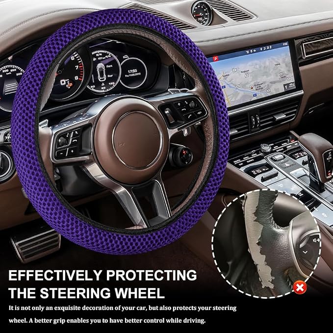 Breathable Elastic Steering Wheel Cover,15 Inch Stretch Steering Wheel Protector,Microfiber Ice Silk Anti-Slip Car Wheel Cover,Odorless Comfort Grip Interior Accessory for Cars SUV Truck（Purple）