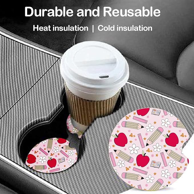 Ceramic Car Coasters – Absorbent Car Cup Holder Coaster Set for Women, Cute Aesthetic Car Accessories for Girls, 2 Pack (red)