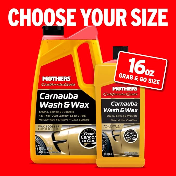 Mothers California Gold Carnauba Wash & Wax, 16 oz. (05676) | Cleans, Shines & Protects, Gentle, pH Balanced, Ultra-Sudsy, Spot-Free, Brilliant Finish, Won't Strip Wax or Ceramic