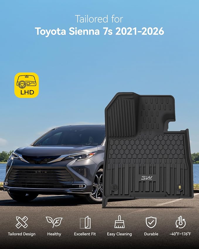 3W Floor Mats & Trunk Mat& Backrest Mats for Toyota Sienna 2021-2026 (Only for 7 Seat), TPE All Weather Custom Fit Floor Liner for Sienna 1st, 2nd and 3rd Row and Cargo Mat, Black