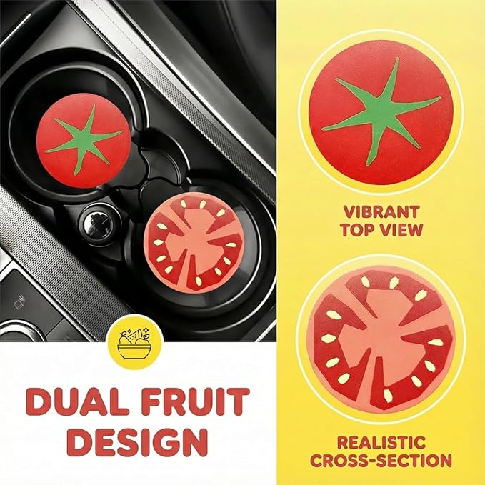 2PCS Fruit Pattern Car Cup Holder Coasters, Cute Automotive Drink Insert Coaster, Universal Non-Slip Vehicle Interior Cup Holder Decoration Accessories for Women Men(Tomato)
