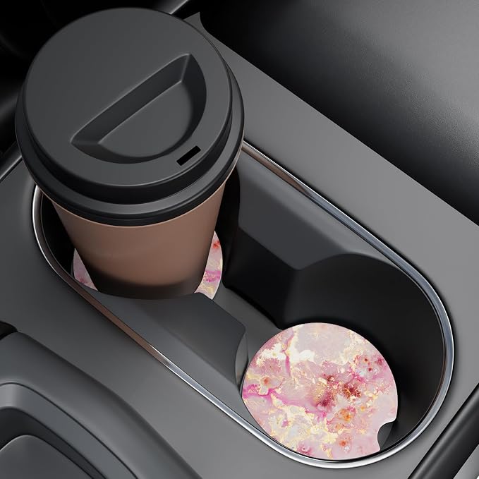 Car Cup Holder Coaster, Car Coasters for Cup Holders, 2 Pack Universal Anti Slip Insert Absorbent Ceramic Auto Interior Accessories with A Finger Notch & Cork Base, Golden Pink Marble