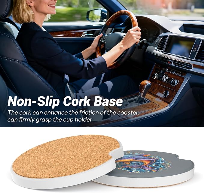 Car Cup Holder Ceramic Coasters 2 Pack, 2.56 in Anti Slip Absorbent Coaster with Cork Base and Finger Notch, Funny Cute Car Accessories Interior for Women, Whale