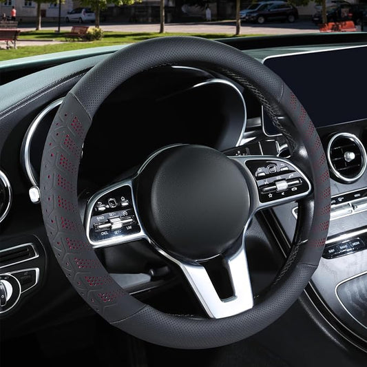 3D Slim Soft 16 inch Leather Steering Wheel Cover Black with Red | Breathable Anti-Slip Premium Skin-Feel Perforated Thin Nappa Leather, Large 15.5 inch to 16 inch
