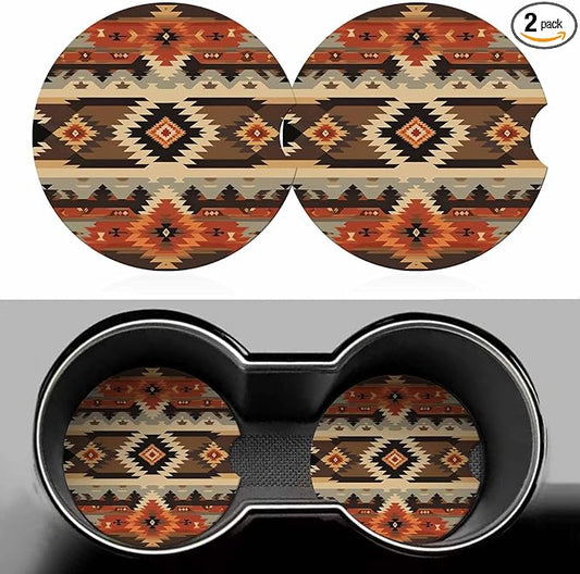 Geometric Pattern Car Coasters for Cup Holders American Style Aztec Car Cup Holder Coasters 2 Pack for Car, Anti Slip Ceramic Car Cup Mat with Finger Notch Cute Car Interior Accessories for Women Men