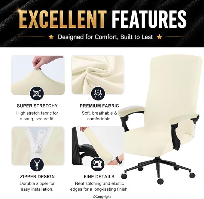 DIVA EN CAMINO DEC Stretch Computer Office Chair Cover with Armrest Covers Durable Zipper Universal Spandex Rotating Boss Chair Slipcovers Anti-dust Soft Desk Chair Seat Protector, Cream