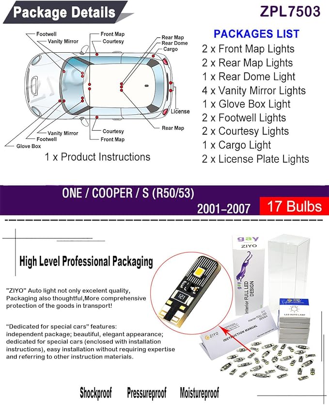 ZIYO ZPL7503- LED Interior Light Kit for MINI COOPER Mini ONE R50 R53 2001-2007 Dome Light Bulbs Replacement Package, 6000K Xenon White LED Lights Accessories Upgrade Error Free (17 Bulbs)