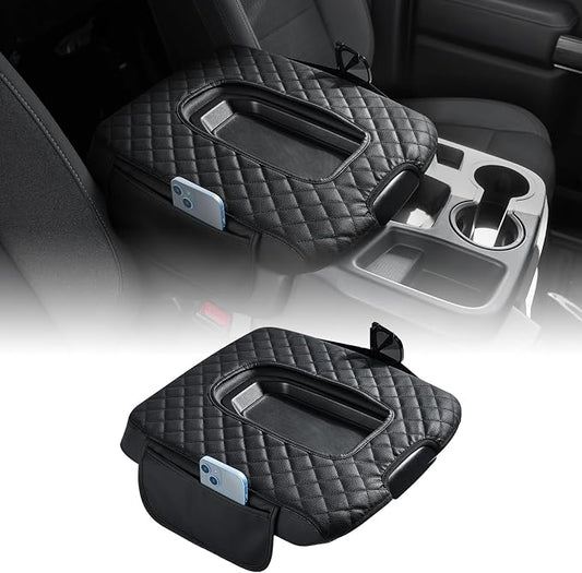 JOYTUTUS Center Console Cover Compatible with 2019-2025 2026 Silverado Sierra Jump Seat, Leather Arm Rest Armrest Cover for Car, Durable Middle Console Cover Replacement for Trucks, with 2 Pockets