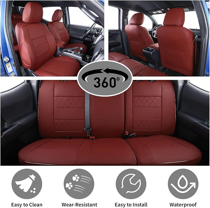 EKR Custom Fit Tacoma Car Seat Covers for Toyota Tacoma 2016 2017 2018 2019 2020 2021 2022 2023 Access Cab - Full Set,Faux Leather(Burgundy)