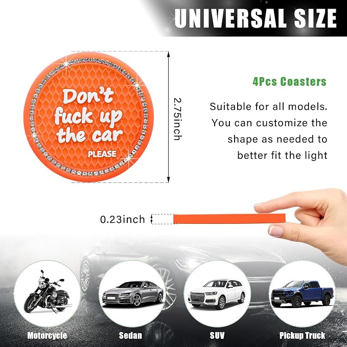 Ziciner 4 Pack Bling Car Cup Holder Coaster, 2.75 Inch Anti-Slip Auto Insert Cup Coaster, Crystal Car Drink Cup Mat Perfect for Women Girls, Universal Interior Decor Accessories (Orange)