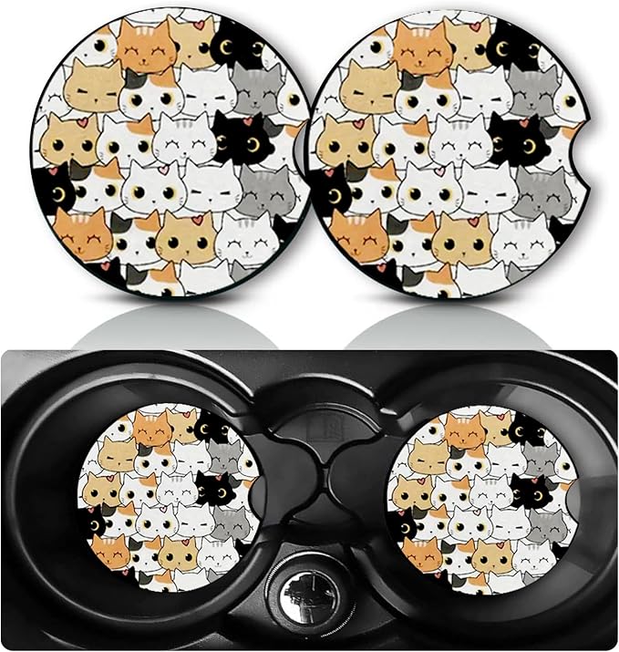 2PCS Cartoon Cat Car Cup Holder Coasters Universal Anti-Slip Rubber Mat | Cats Auto Accessories Decor, 2.75" Car Coasters for Cup Holders with Finger Slot, Cat Mom Gifts for Women Men Pet Lovers