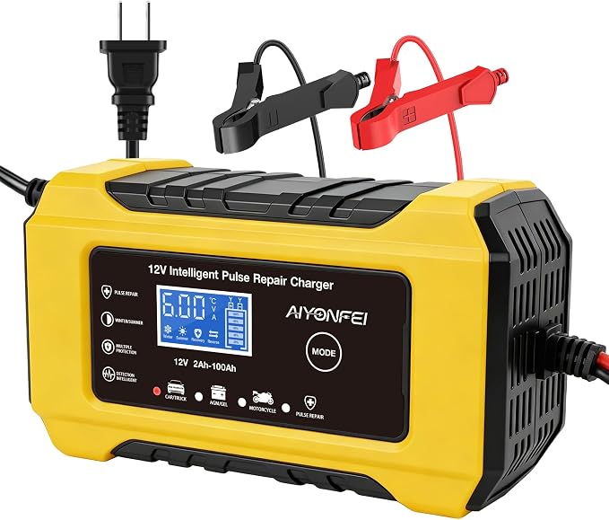 6A 12V Car Battery Charger Maintainer Trickle Charger, Yellow | Smart Battery Desulfator, Temperature Compensation, for Car Truck Motorcycle, Lawn Mower Marine