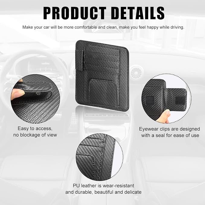 povtii Car Sun Visor Organizer, Waterproof Leather Car Sun Visor Storage Clip, Multifunctional Vehicle Sun Visor Folder with Sunglasses Clip, Universal Interior Car Accessories (Black Carbon Fiber)