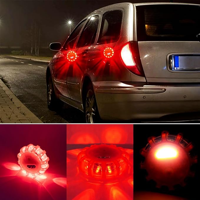 Rechargeable LED Emergency Road Flares Beacon Disc, 650mAh Lithium Battery Car Warning Safety Light with Magnetic Base, 9 Flash Modes IP67 Waterproof Type-C Charging for Vehicle Roadside Breakdown