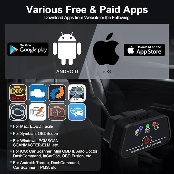 iCar2 OBD2 Bluetooth Adapter Diagnostic Scanner for iOS & Android : Auto-Connect Clear Error Code Live Data Reset Diagnostic Tool (Black)