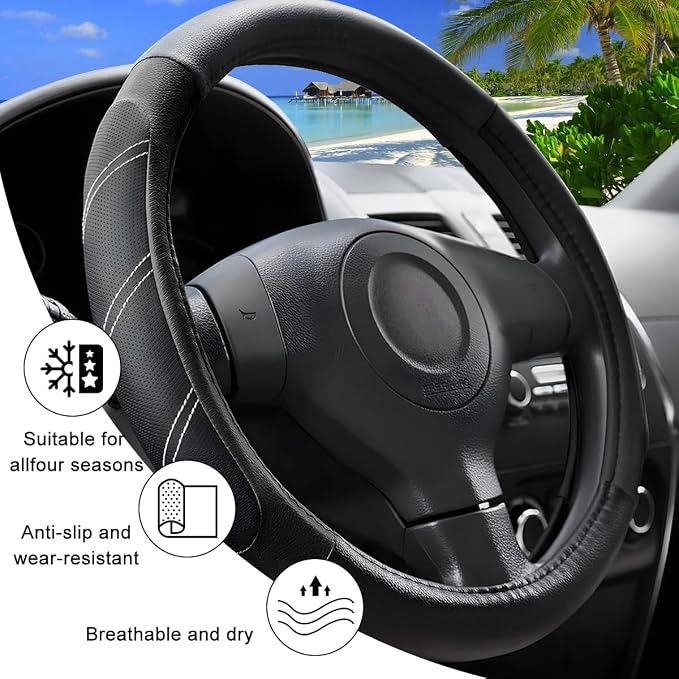 Zpana Car Steering Wheel Cover, 15 Inch Carbon Fiber Leather Non-Slip Steering Wheel Protector with Lining, Breathable Automotive Interior Accessories, Universal for SUV RV Truck (Black)