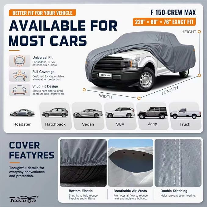 Truck Cover Waterproof All-Weather,Outdoor Full Exterior Pickup Covers(Length 229-242 inch) with Windshield Sun Shade Universal Fit F150 Ram 1500 etc,Size T4 (See SizeChart)