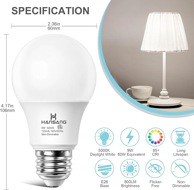 24 Pack A19 LED Light Bulbs, 60W Equivalent, Daylight Light 5000K LED Bulb with E26 Standard Base, Efficient 9W, Non-Dimmable, 800 Lumens, 120V, CRI 85, Eye-Friendly for Bedroom Living Room