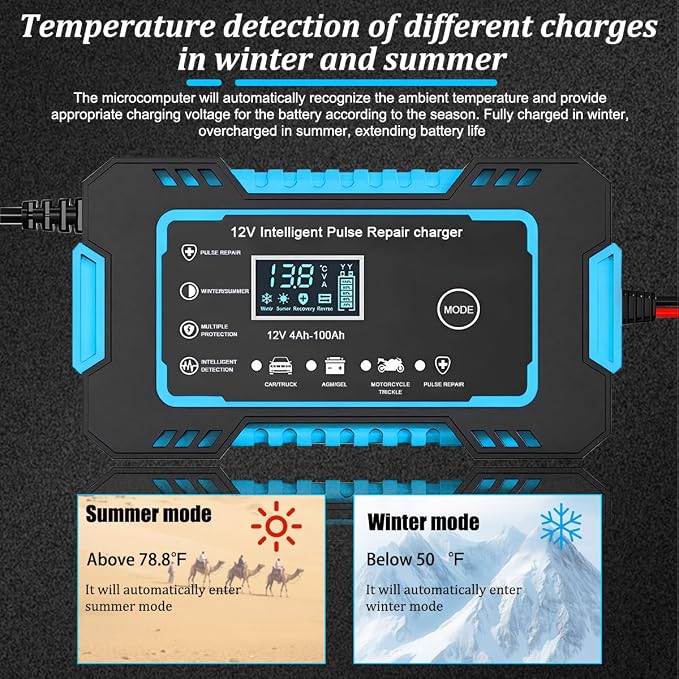 Car Battery Charger, 12V 6A Smart Fully Trickle Vehicle Battery Charger & Desulfator with Temperature Compensation, Portable Automotive Power Maintainer, Universal Fit (Blue)