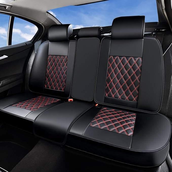Huidasource Rear Seat Cover, Nappa Leather Back Seat Cover Velcro Adjustable, Compatible with Armrests, Seat Belts, Child Safety Seats, Fit for Most Cars SUVs Trucks (Back Row/Black&Red)