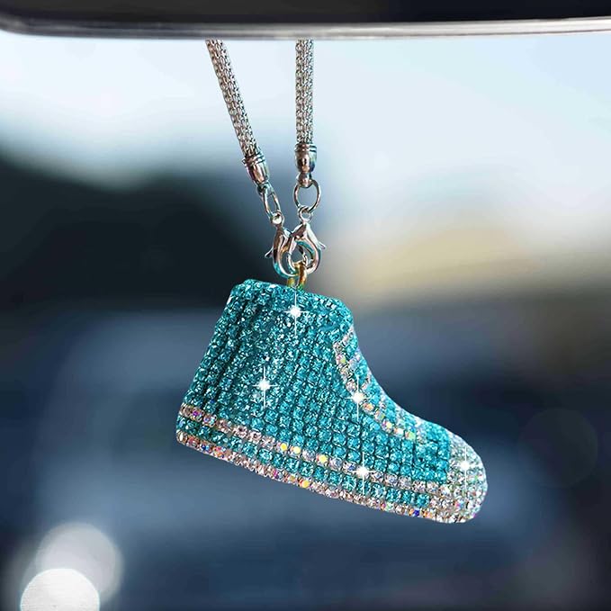 Bling Sneaker Shoe Sparkly Car Hanging Ornament, Cute Crystal Rear View Mirror Pendant, Diamond Rearview Mirror Charms, Lucky Car Interior Decor Accessories (Lake Blue)