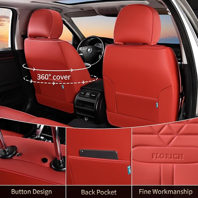 FLORICH Seat Covers, Car Seat Covers Full Set, Luxury Nappa Leather Seat Covers, Breathable and Waterproof Car Seat Protector 5 Seat, Automotive Seat Covers Universal Fit for Most Cars-Red