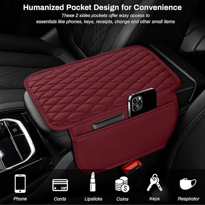 Ouzorp Car Center Console Cover, Upgraded Microfiber Leather Car Arm Rest Cover with 2 Storage Bags, Universal Armrest Cover for Car Storage Box Car Interior Accessories Protector for Most Vehicle-Red