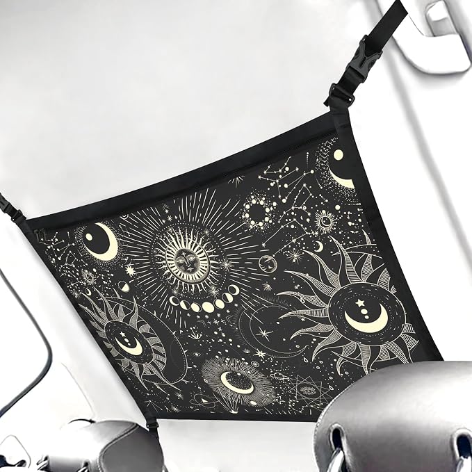 Planet Car Ceiling Cargo Net Pocket Hanging Storage Bag with Zipper 31.5"x21.6" Double-Layer Mesh Car Roof Storage Organizer Long Road Trip Truck SUV Travel Camping