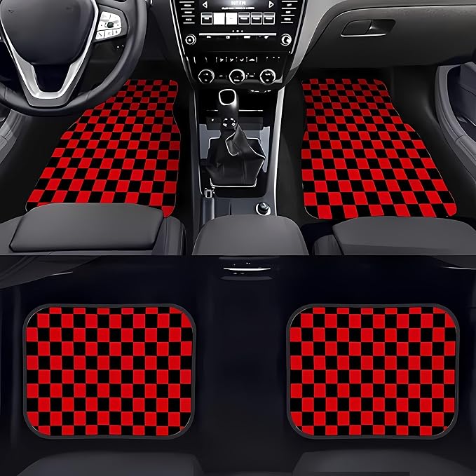 Universal Fit Car Floor Mats Set of 4Pcs, All-Weather Front Rear Car Carpet Mats, Non-Slip Car Floor Mat Car Accessories for Automotive Trucks SUV Sedans Vans (Black and Red Checkered)
