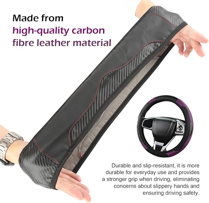 Leather Car Steering Wheel Cover,15 Inch Carbon Fiber PU Elastic Steering Wheel Protector, Anti-Slip Breathable Driving Wheels Covers, Universal Car Interior Accessories (Purple)