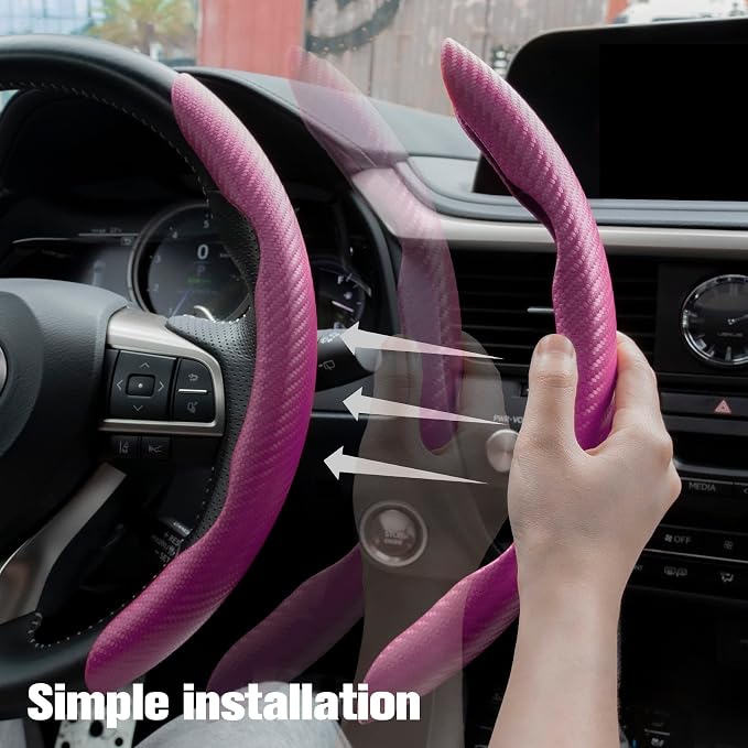 Amiss 2pcs Carbon Fiber Anti-Skid Steering Wheel Cover, Waterproof & Segmented Butterfly Design, Universal 99% Vehicle Wheel Cover Protector, Car Interior Accessories (Pink-2pcs)