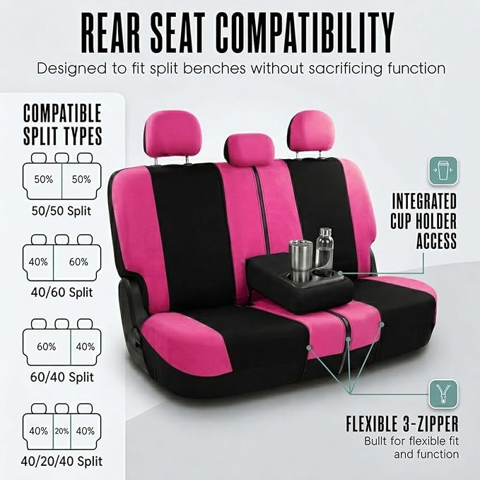 FH Group Full Set Cloth Car Seat Covers, Universal Fit combo, Low Back Front Seat Covers, Airbag Compatible, Split Bench Rear Seat, Washable Seat Cover for SUV, Sedan, Van, Pink