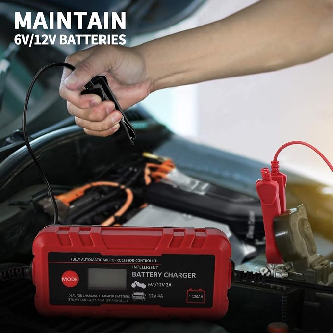 4A Smart Car Battery Charger, 6V 12V Automotive Charger Maintainer Fully Automatic 8-Stages Trickle Charger for Automotive Motorcycle Car Battery, Portable 4A Smart Car Battery Charger 6V 12V