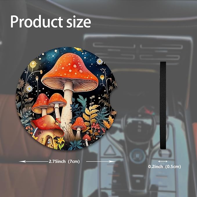 2pcs Cute Red Mushrooms Car Coasters,Absorbent Universal neoprener Cup Holder Coasters with a Finger Notch,Car Accessories for Women&Man Interior，2.75" 2