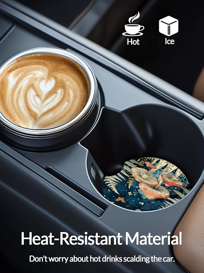 WOCOCN Cute Cup Holder Coasters for Your Car with Fingertip Grip, Auto Accessories for Women & Men,Pack of 2 (Mushrooms at Night)