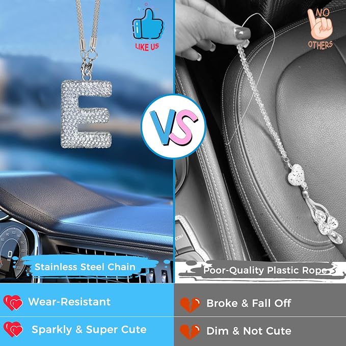 Bling Car Accessories for Women Letter Charm, Rear View Mirror Ornament Cute Hanging Crystal Pendant Girl Car Decorations, Lucky Diamond Rhinestone Girly Charm Interior (White E)